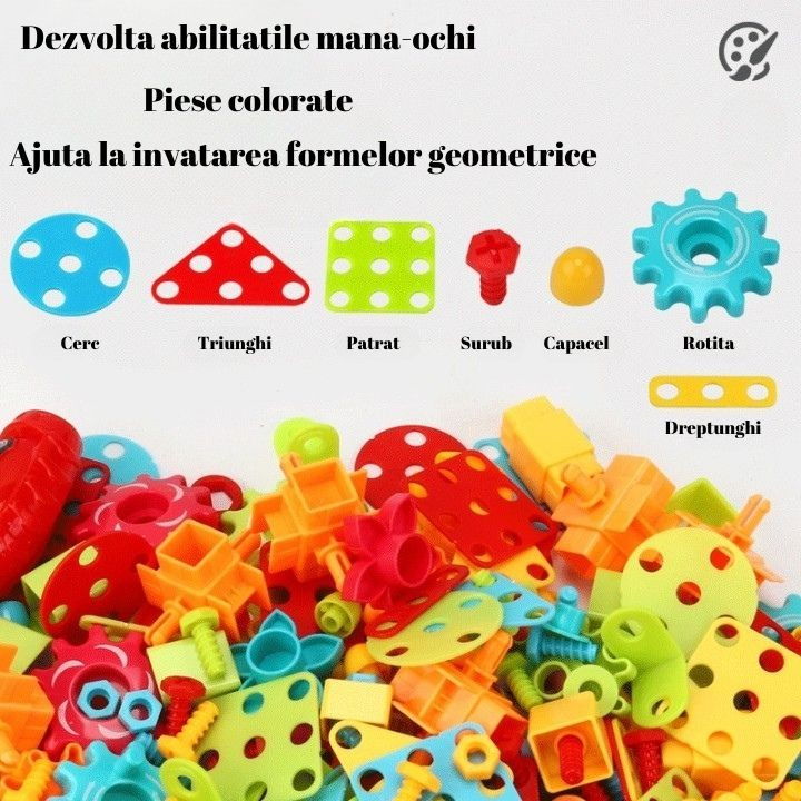 Jucarie Educativa Si Interactiva, Flippy, Set De Constructie Puzzle Din ABS Cu Bormasina Pentru Dezvoltatea Creativitatii Si A Indemanarii 2D si 3D, Valiza, +3, 31x7x25 cm, 336 Piese [3]