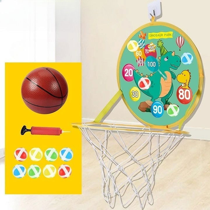 Jucarie Interactiva, Flippy, 2 in 1, Cos de Basket si Tinta de Darts, Minge 16 cm, Pompa, 8 Mingii cu Scai, Model Dragon, Multicolor [3]