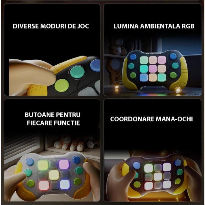 Jucarie Interactiva Flippy, Tip Consola Pop It, 6 butoane functionale, 5 Moduri de Joc, 600 Niveluri, + 3 ani, Galben/Negru [10]