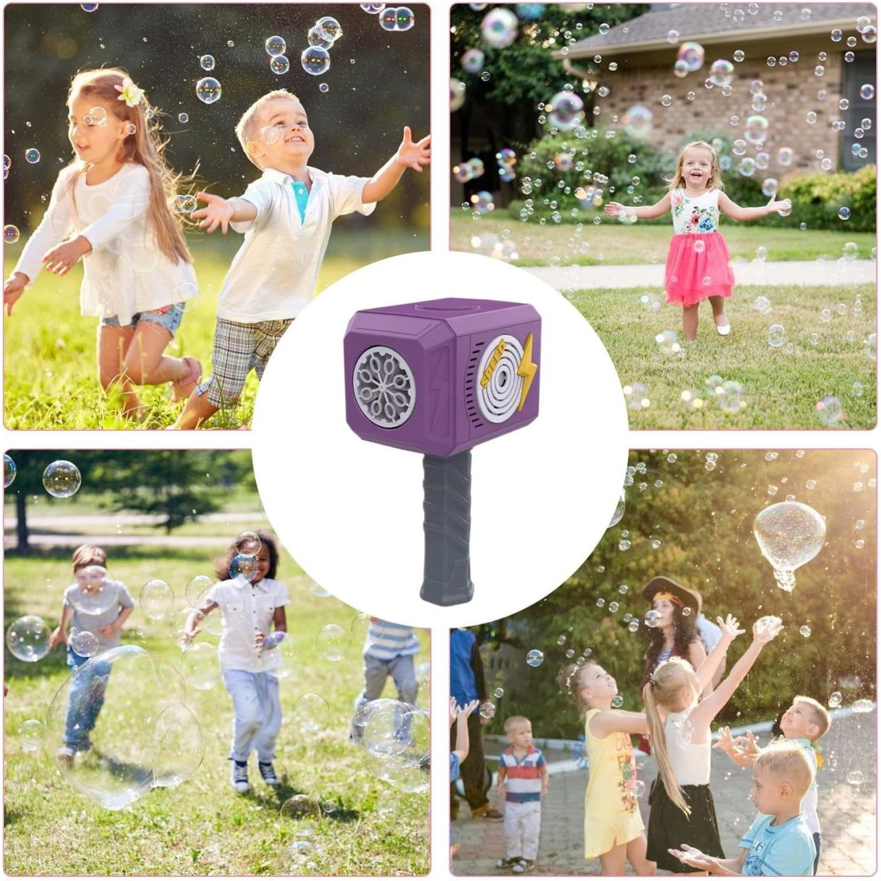 Jucarie Interactiva pentru Baloane de Sapun, Flippy, Sunete si Lumini, Model Ciocan, cu 8 Orificii, 13.5 x 10 x 12 cm, Mov [4]