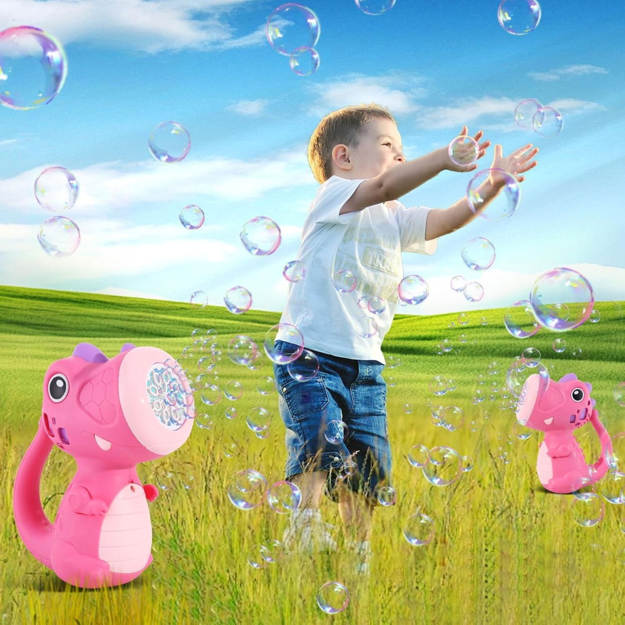 Jucarie Interactiva pentru Baloane de Sapun, Flippy, Sunete si Lumini, Model Dinozaur, cu 8 Orificii, 15 x 8.5 x 18.5, Roz [8]