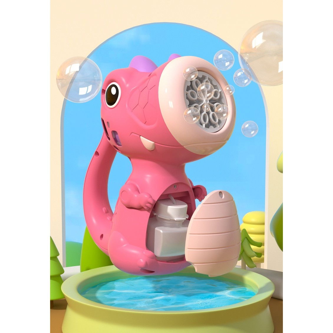 Jucarie Interactiva pentru Baloane de Sapun, Flippy, Sunete si Lumini, Model Dinozaur, cu 8 Orificii, 15 x 8.5 x 18.5, Roz [5]