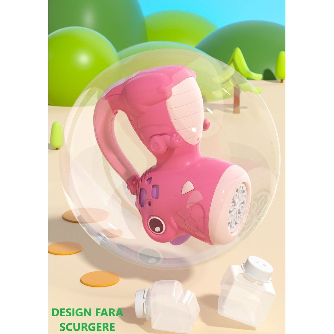 Jucarie Interactiva pentru Baloane de Sapun, Flippy, Sunete si Lumini, Model Dinozaur, cu 8 Orificii, 15 x 8.5 x 18.5, Roz [6]
