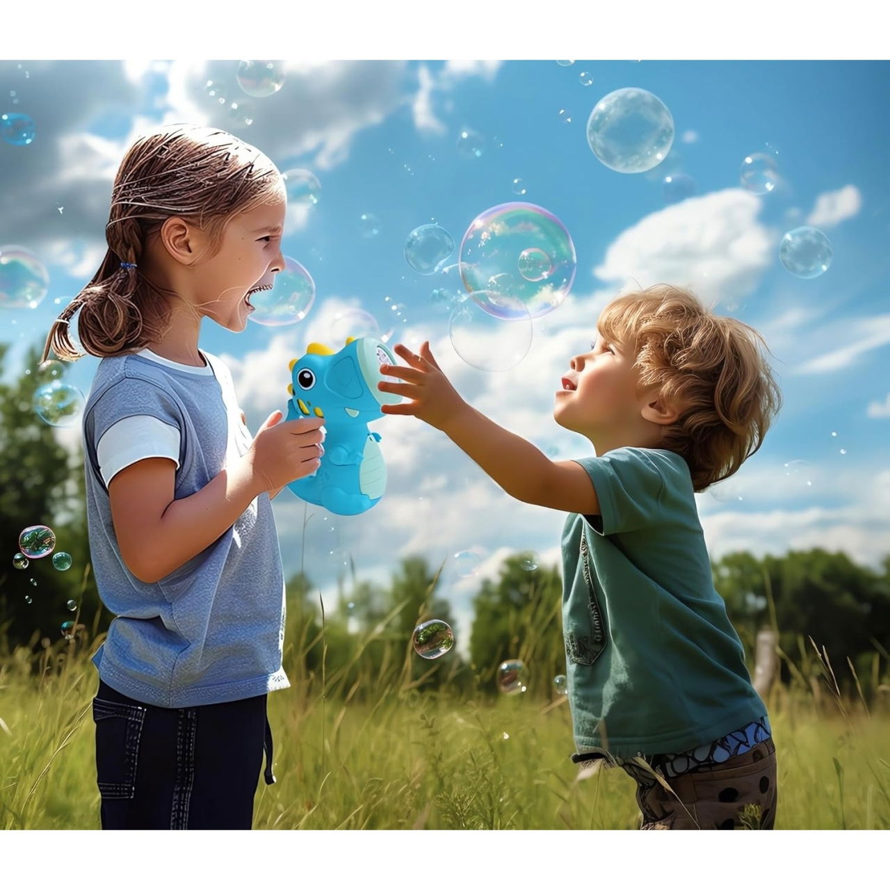 Jucarie Interactiva pentru Baloane de Sapun, Flippy, Sunete si Lumini, Model Dinozaur, cu 8 Orificii, 17.1 x 10.4 x 21.5 cm, Albastru [3]