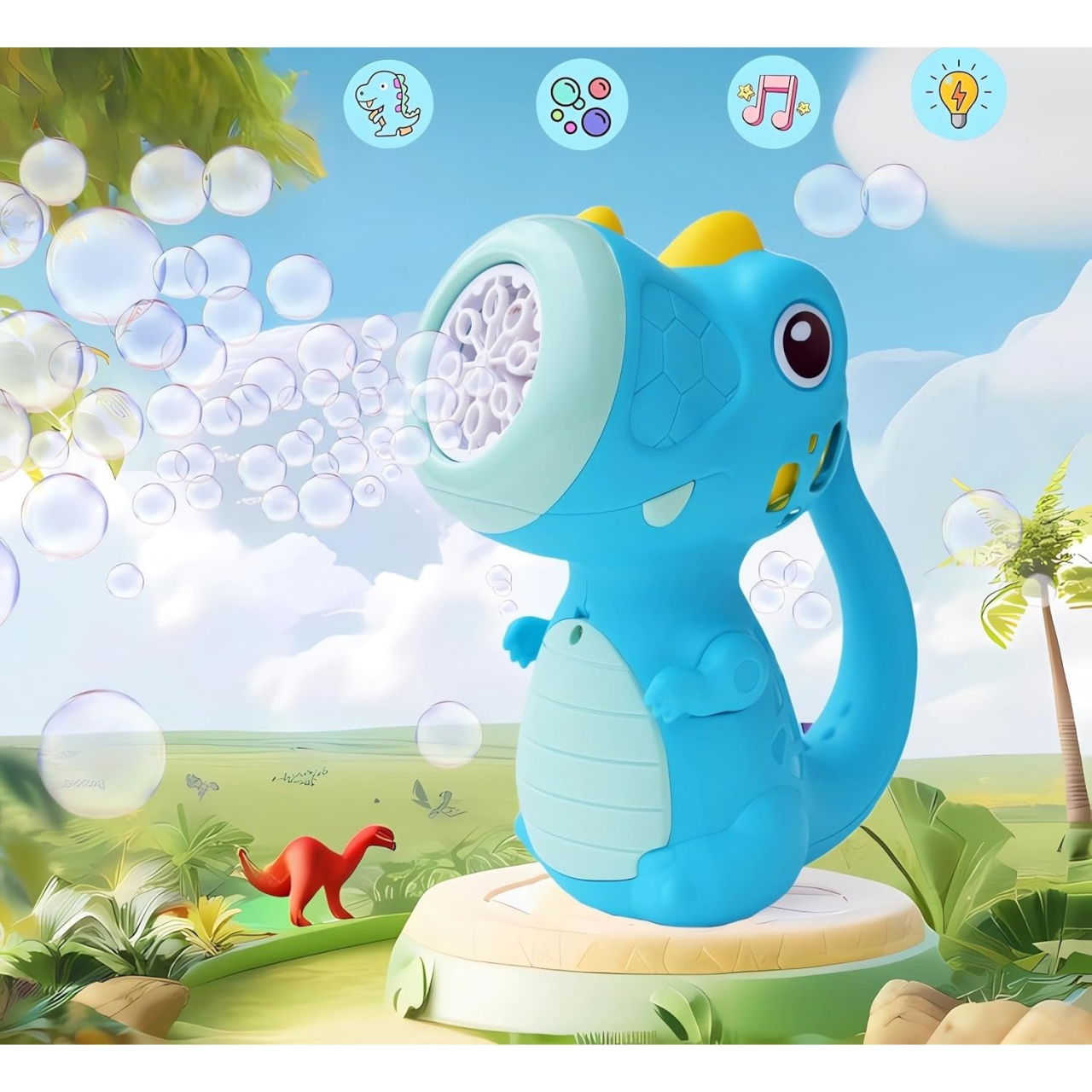 Jucarie Interactiva pentru Baloane de Sapun, Flippy, Sunete si Lumini, Model Dinozaur, cu 8 Orificii, 17.1 x 10.4 x 21.5 cm, Albastru [4]
