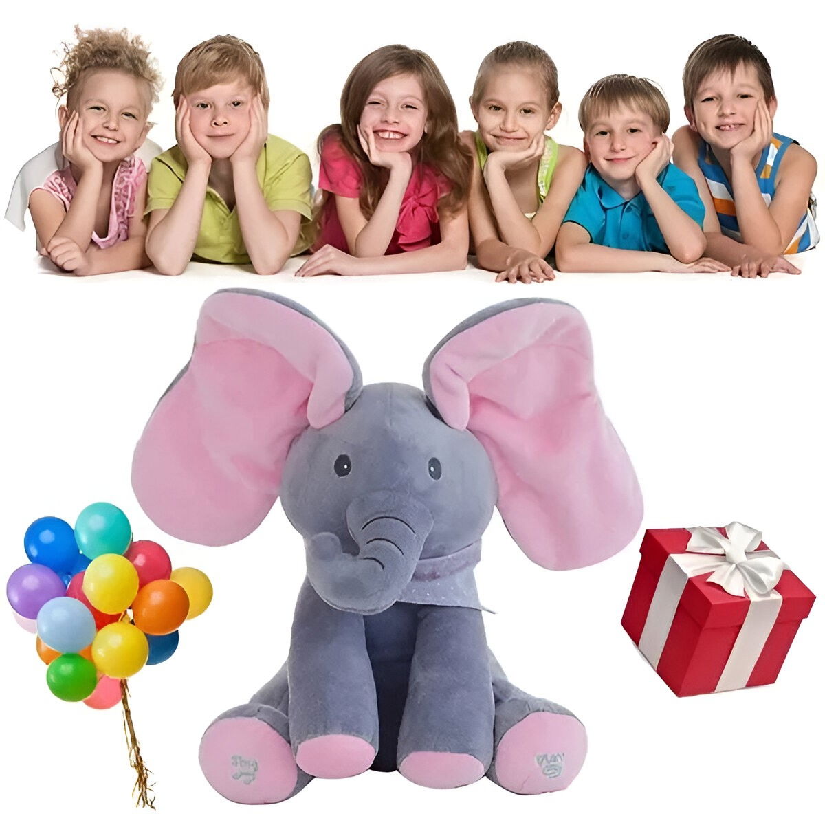 Jucarie Interactiva pentru Copii, Flippy, Elefantel Peek-a-boo, Muzica, Misca Urechile, Alimentare cu Baterii, 30 cm, Roz-Gri [4]