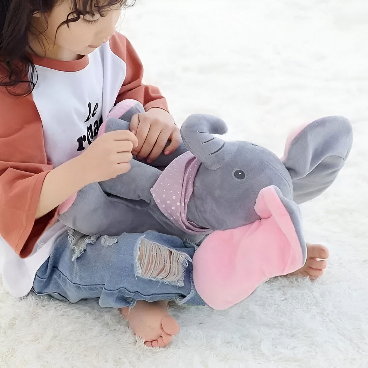 Jucarie Interactiva pentru Copii, Flippy, Elefantel Peek-a-boo, Muzica, Misca Urechile, Alimentare cu Baterii, 30 cm, Roz-Gri [7]