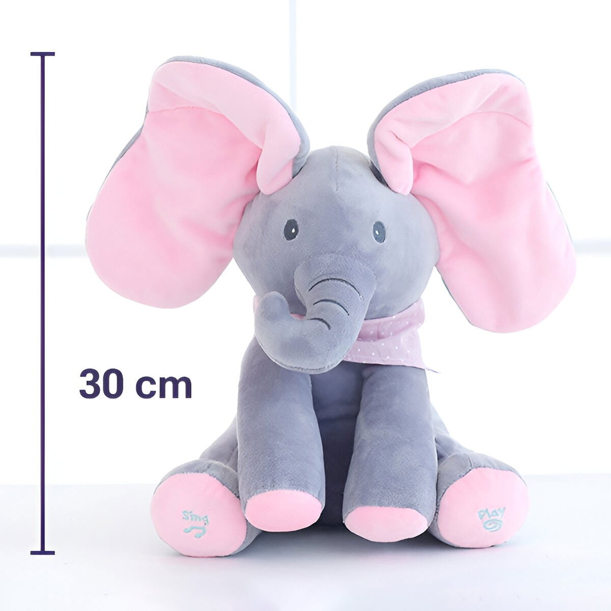 Jucarie Interactiva pentru Copii, Flippy, Elefantel Peek-a-boo, Muzica, Misca Urechile, Alimentare cu Baterii, 30 cm, Roz-Gri [8]
