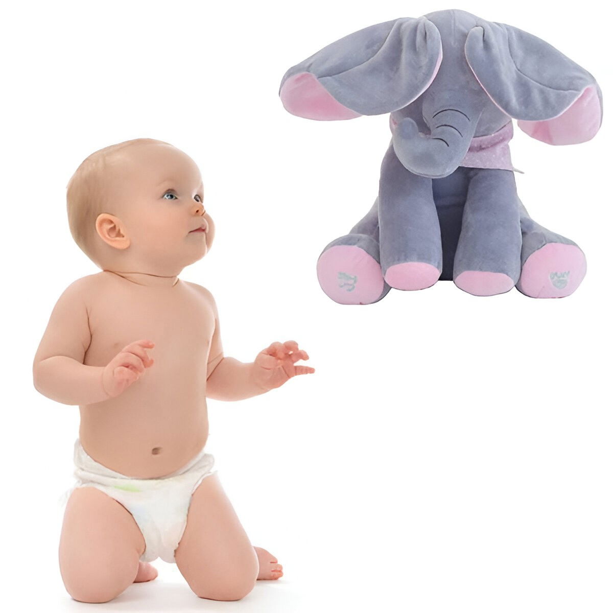 Jucarie Interactiva pentru Copii, Flippy, Elefantel Peek-a-boo, Muzica, Misca Urechile, Alimentare cu Baterii, 30 cm, Roz-Gri [13]