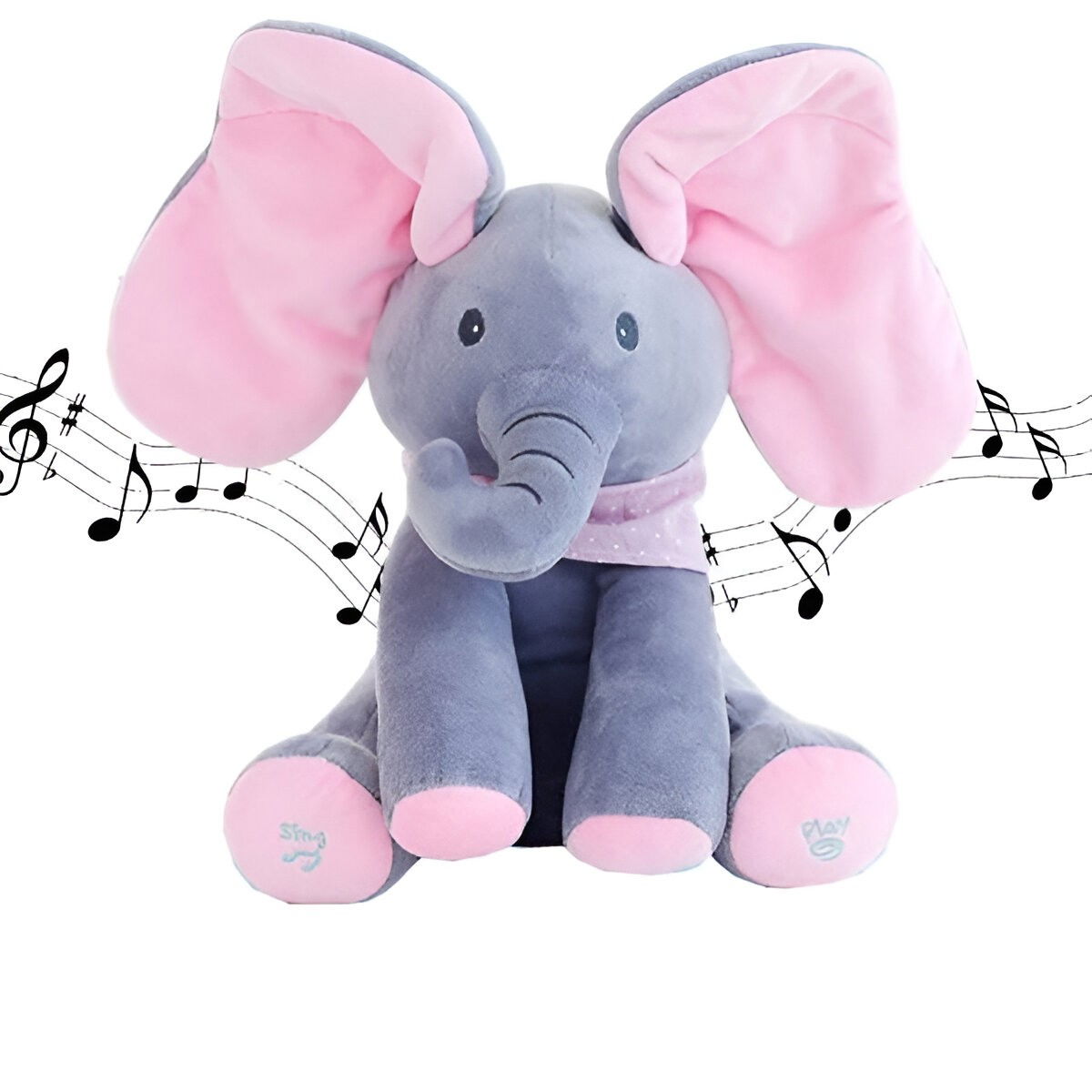 Jucarie Interactiva pentru Copii, Flippy, Elefantel Peek-a-boo, Muzica, Misca Urechile, Alimentare cu Baterii, 30 cm, Roz-Gri [12]