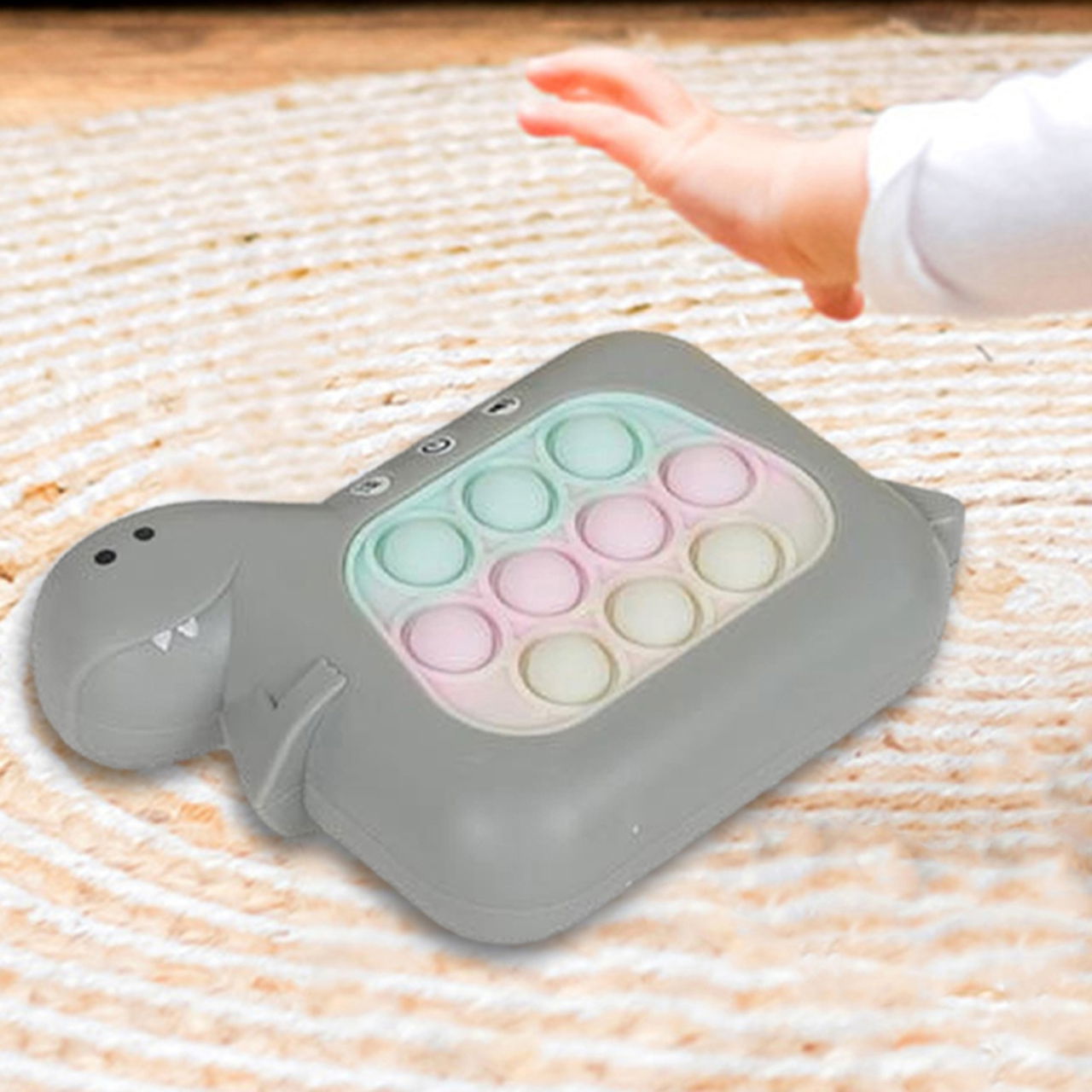 Jucarie Interactiva Pop It Whack A Mole, Flippy, Tip Consola, Anti-Stres, 4 Moduri de Joc, din ABS si Silicon, +3 Ani, Model Dinozaur, Gri [5]