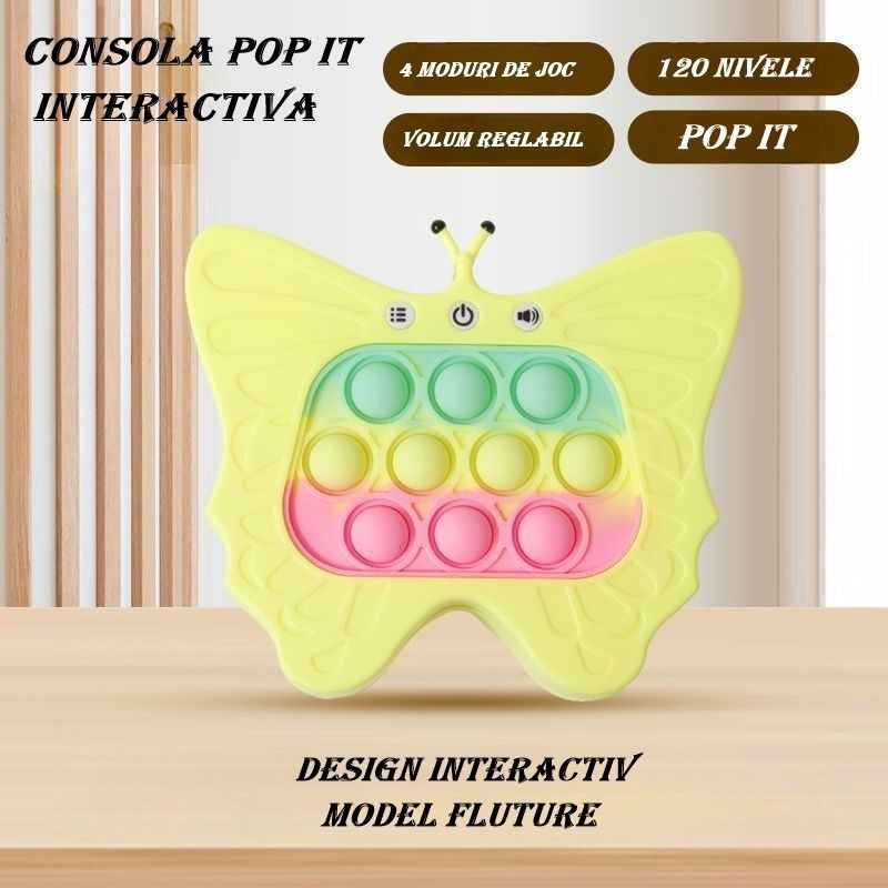 Jucarie Interactiva Tip Consola pentru Copii, Flippy, Diferite Moduri de Joc, 120 Nivele, Material ABS/silicon, cu Nivele, Sunete si Lumini, 12 x 5.5 x 13.5 cm cm, Model Fluture, Galben [3]