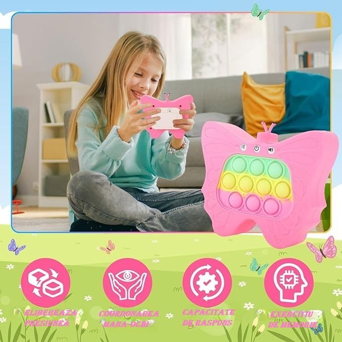 Jucarie Interactiva Tip Consola pentru Copii, Flippy, Diferite Moduri de Joc, 120 Nivele, Material ABS/silicon, Sunete si Lumini, 12 x 5.5 x 13.5 cm, Model Fluture, Fucsia [3]