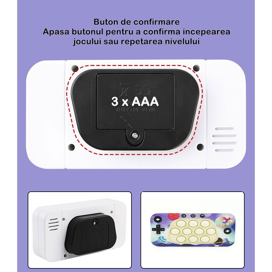 Jucarie interactiva tip consola pentru copii Flippy, speed push whack-a-mole, joc de viteza pop it, material ABS/silicon, cu nivele, sunete si lumini, 15.5 x 7.6 x 5.3 cm, model spatiu, multicolor [6]