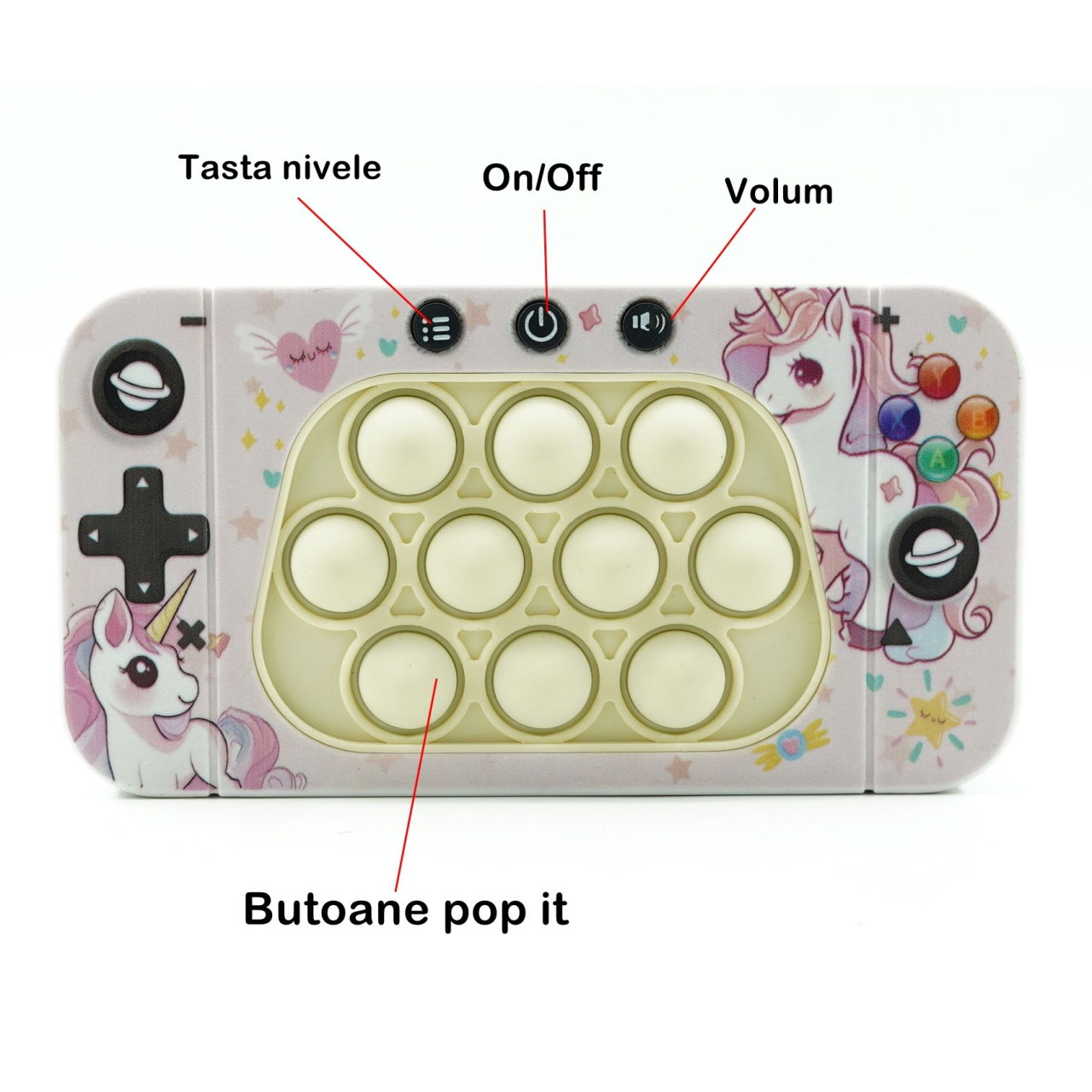 Jucarie interactiva tip consola pentru copii Flippy, speed push whack-a-mole, joc de viteza pop it, material ABS/silicon, cu nivele, sunete si lumini, 15.5 x 7.6 x 5.3 cm, model unicorn, roz [5]