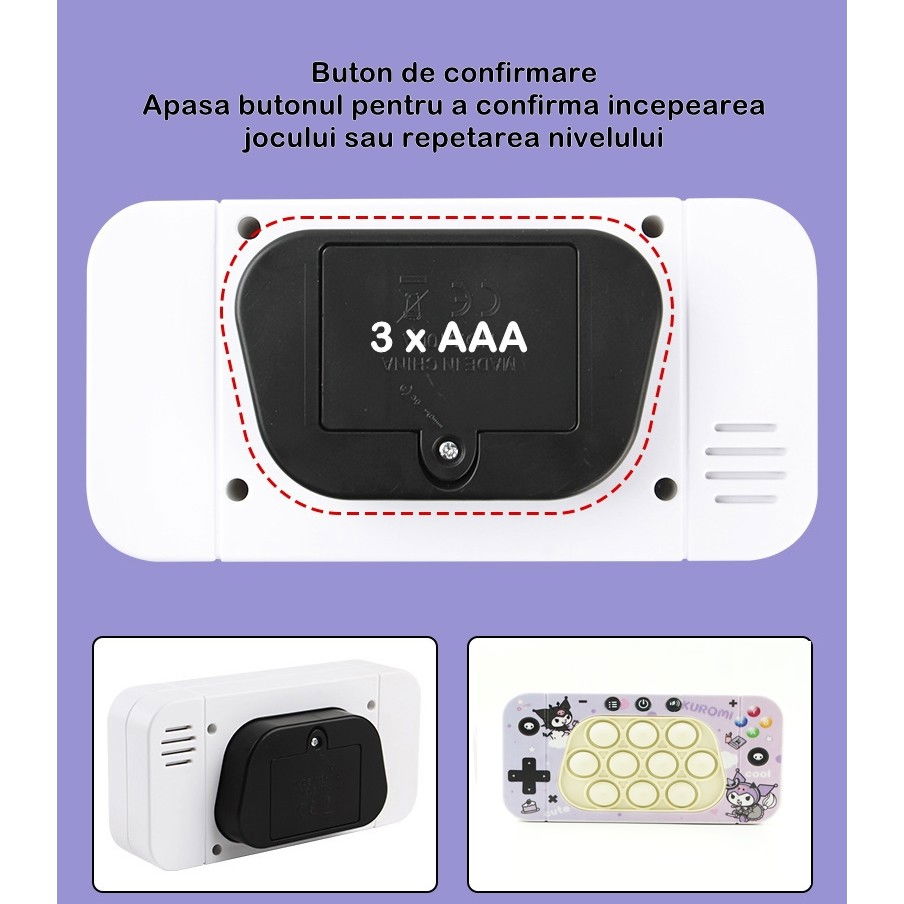 Jucarie interactiva tip consola pentru copii Flippy, speed push whack-a-mole, joc de viteza pop it, material ABS/silicon, cu nivele, sunete si lumini, 15.5 x 7.6 x 5.3 cm, model elfi, mov [5]