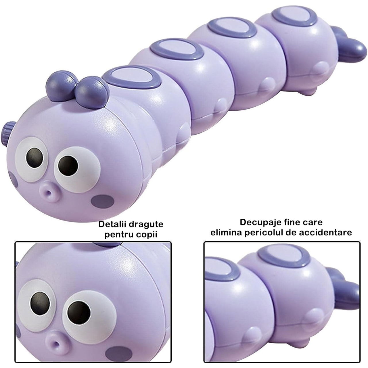 Jucarie mecanica pentru copii Flippy, omida haioasa, cu cheita, distractiva, se taraste, se misca, 15 x 4 cm, mov [2]