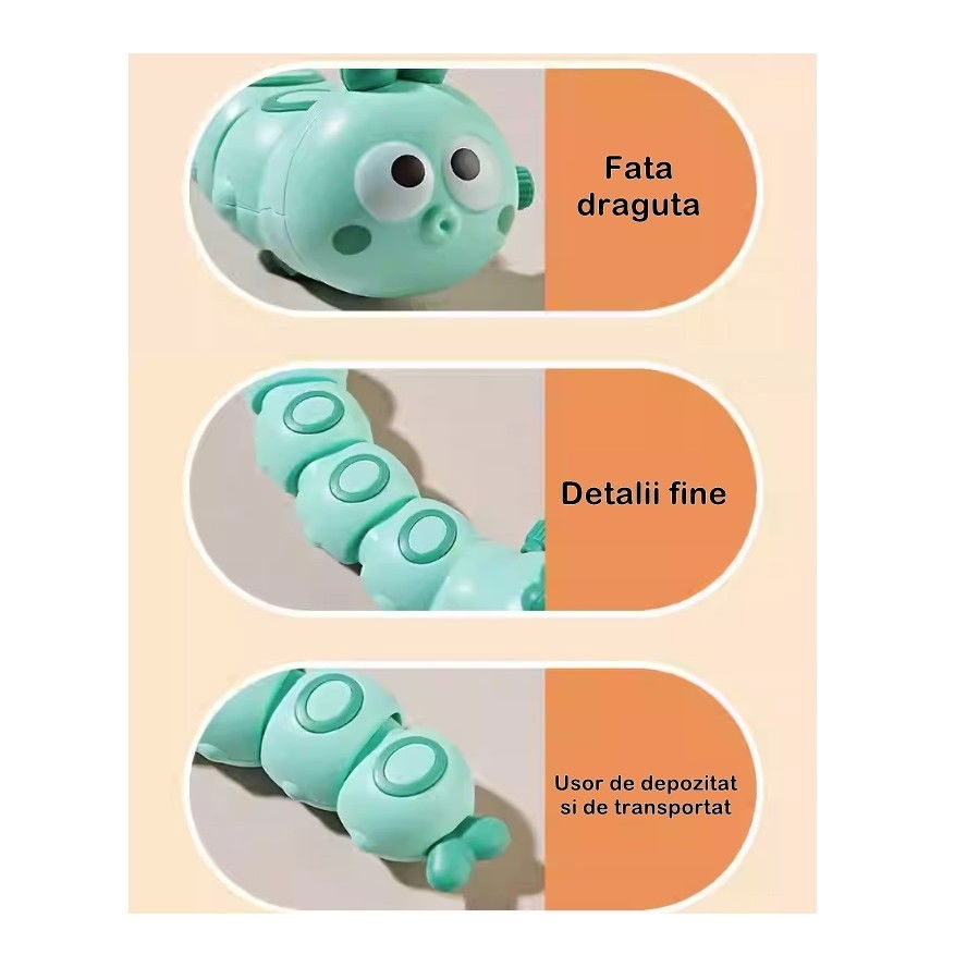 Jucarie mecanica pentru copii Flippy, omida haioasa, cu cheita, distractiva, se taraste, se misca, 15 x 4 cm, verde [4]