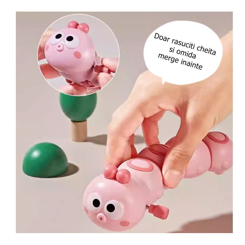 Jucarie mecanica pentru copii Flippy, omida haioasa, material ABS, cu cheita, distractiva, se taraste, se misca, 15 x 4 cm, roz [7]