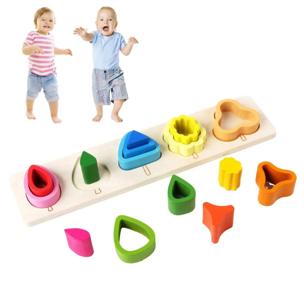 Jucarie Montessori din Lemn, Flippy, Tip Puzzle, cu 5 Forme Asimetrice, 15 Piese, Educativa, Interactiva, Creativa, Model Copaci, Materiale Non Toxice, +2 Ani, 29x6.5 cm, Multicolor [8]