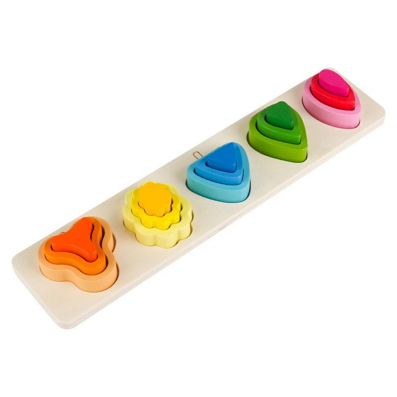 Jucarie Montessori din Lemn, Flippy, Tip Puzzle, cu 5 Forme Asimetrice, 15 Piese, Educativa, Interactiva, Creativa, Model Copaci, Materiale Non Toxice, +2 Ani, 29x6.5 cm, Multicolor [1]