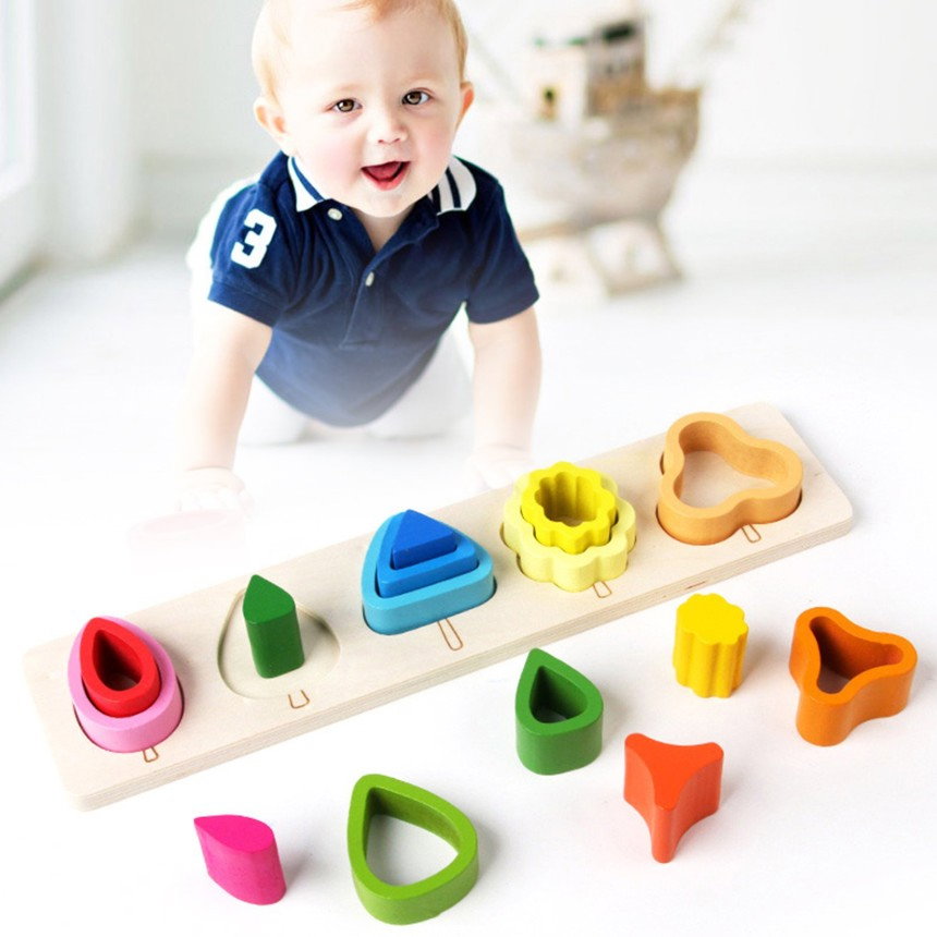 Jucarie Montessori din Lemn, Flippy, Tip Puzzle, cu 5 Forme Asimetrice, 15 Piese, Educativa, Interactiva, Creativa, Model Copaci, Materiale Non Toxice, +2 Ani, 29x6.5 cm, Multicolor [2]