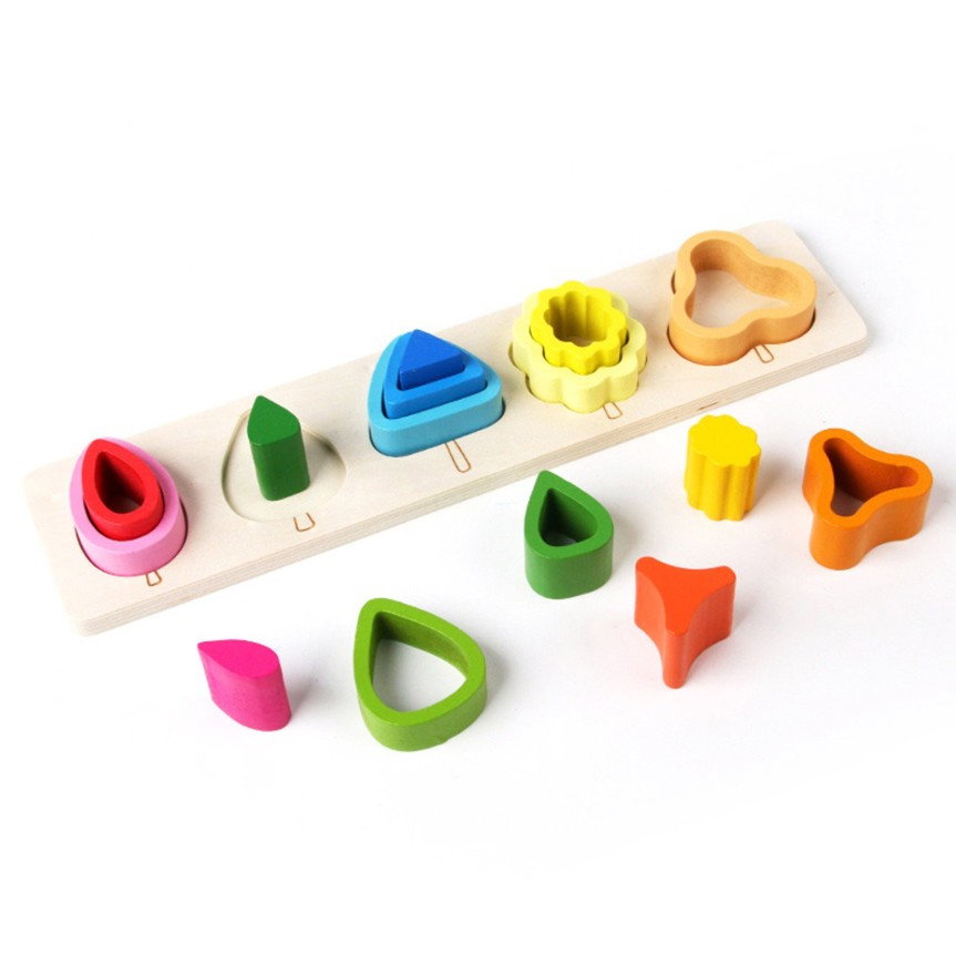 Jucarie Montessori din Lemn, Flippy, Tip Puzzle, cu 5 Forme Asimetrice, 15 Piese, Educativa, Interactiva, Creativa, Model Copaci, Materiale Non Toxice, +2 Ani, 29x6.5 cm, Multicolor [3]