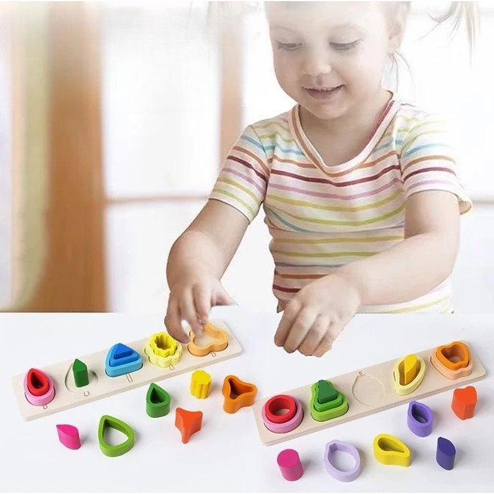 Jucarie Montessori din Lemn, Flippy, Tip Puzzle, cu 5 Forme Asimetrice, 15 Piese, Educativa, Interactiva, Creativa, Model Copaci, Materiale Non Toxice, +2 Ani, 29x6.5 cm, Multicolor [5]