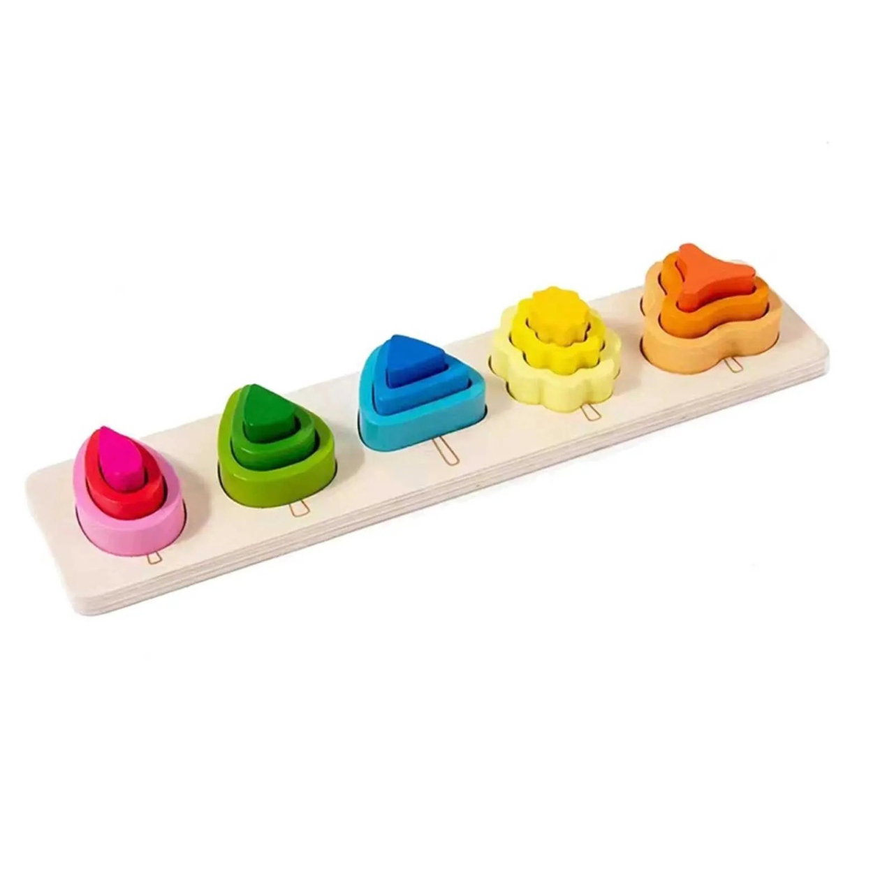 Jucarie Montessori din Lemn, Flippy, Tip Puzzle, cu 5 Forme Asimetrice, 15 Piese, Educativa, Interactiva, Creativa, Model Copaci, Materiale Non Toxice, +2 Ani, 29x6.5 cm, Multicolor [7]