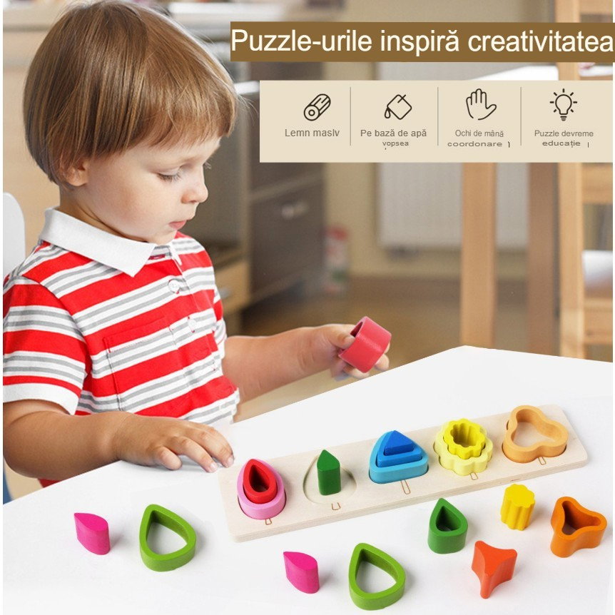 Jucarie Montessori din Lemn, Flippy, Tip Puzzle, cu 5 Forme Asimetrice, 15 Piese, Educativa, Interactiva, Creativa, Model Copaci, Materiale Non Toxice, +2 Ani, 29x6.5 cm, Multicolor [6]
