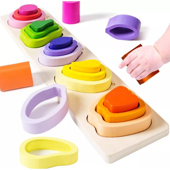 Jucarie Montessori din Lemn, Flippy, Tip Puzzle, cu 5 Forme Asimetrice, 15 Piese, Model Fructe, Educativa, Interactiva, Creativa, Materiale Non Toxice, +2 Ani, 29x6.5 cm, Multicolor [2]