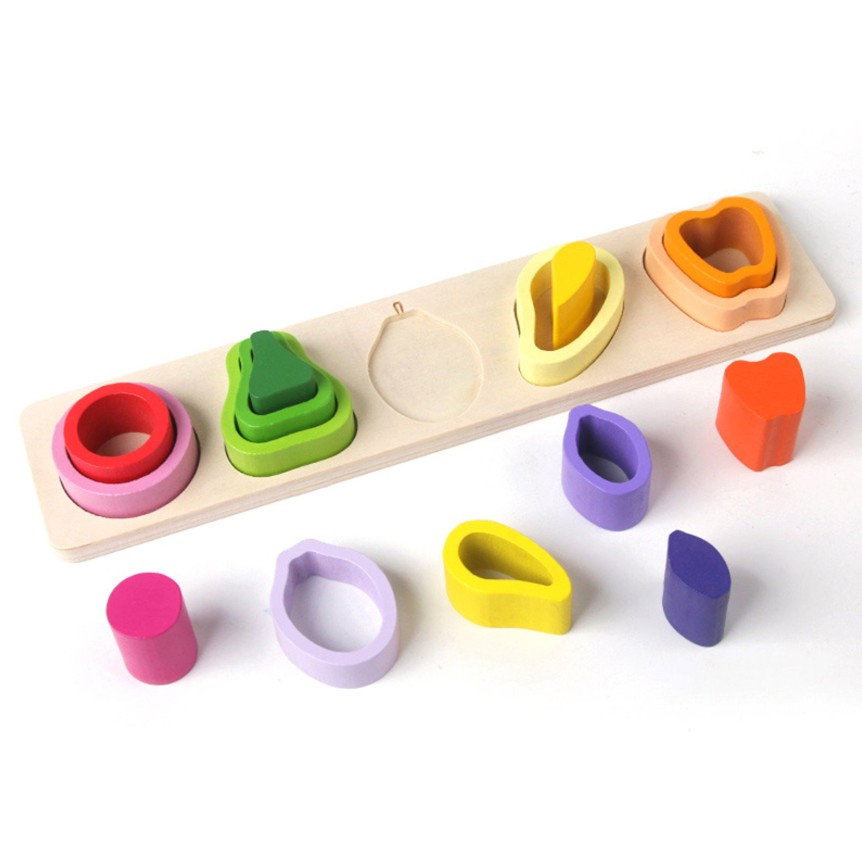 Jucarie Montessori din Lemn, Flippy, Tip Puzzle, cu 5 Forme Asimetrice, 15 Piese, Model Fructe, Educativa, Interactiva, Creativa, Materiale Non Toxice, +2 Ani, 29x6.5 cm, Multicolor [6]