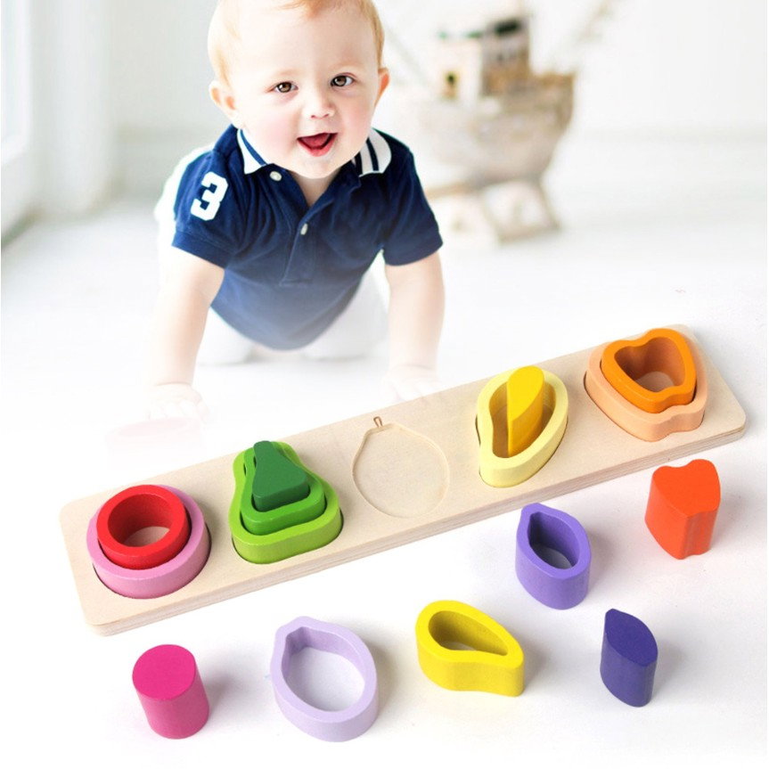 Jucarie Montessori din Lemn, Flippy, Tip Puzzle, cu 5 Forme Asimetrice, 15 Piese, Model Fructe, Educativa, Interactiva, Creativa, Materiale Non Toxice, +2 Ani, 29x6.5 cm, Multicolor [5]