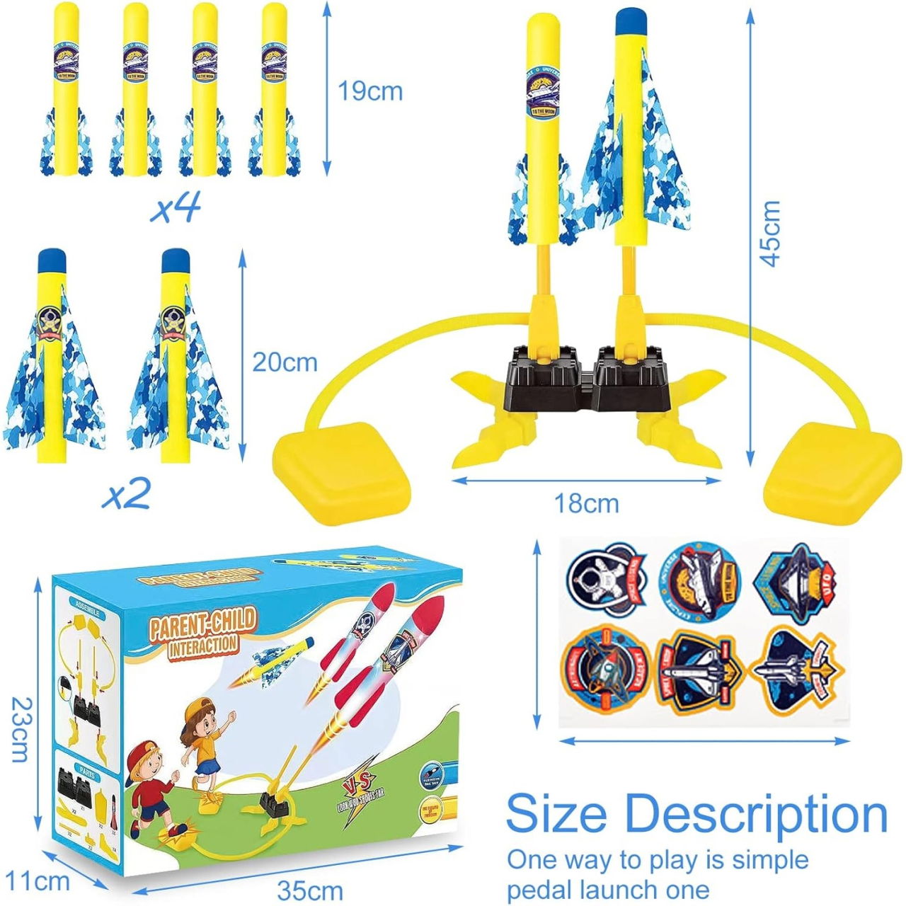Jucarie pentru Copii, Flippy, Lansator de Rachete cu Piciorul, Doua Lansatoare, 6 Rachete Fara Lumini, 45x18 cm, Galben [7]