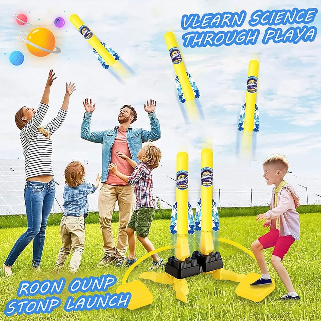 Jucarie pentru Copii, Flippy, Lansator de Rachete cu Piciorul, Doua Lansatoare, 6 Rachete Fara Lumini, 45x18 cm, Galben [3]