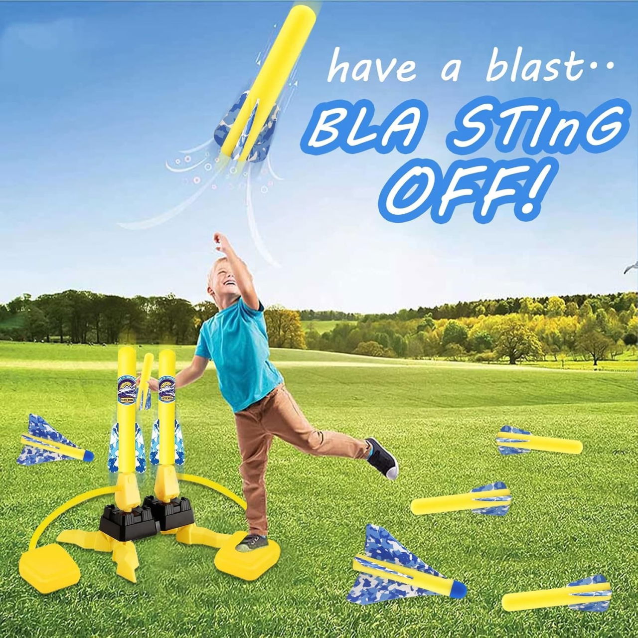 Jucarie pentru Copii, Flippy, Lansator de Rachete cu Piciorul, Doua Lansatoare, 6 Rachete Fara Lumini, 45x18 cm, Galben [5]