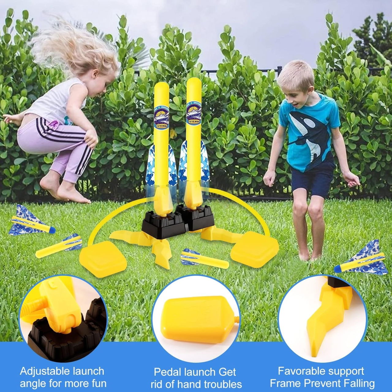 Jucarie pentru Copii, Flippy, Lansator de Rachete cu Piciorul, Doua Lansatoare, 6 Rachete Fara Lumini, 45x18 cm, Galben [4]