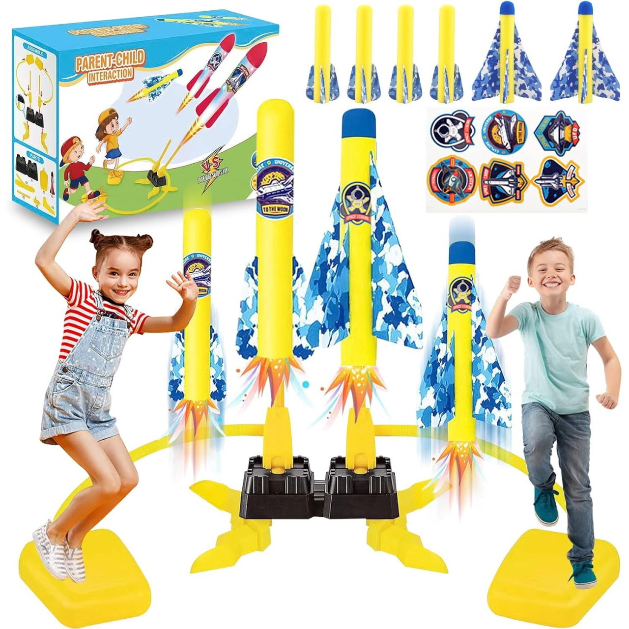 Jucarie pentru Copii, Flippy, Lansator de Rachete cu Piciorul, Doua Lansatoare, 6 Rachete Fara Lumini, 45x18 cm, Galben [8]