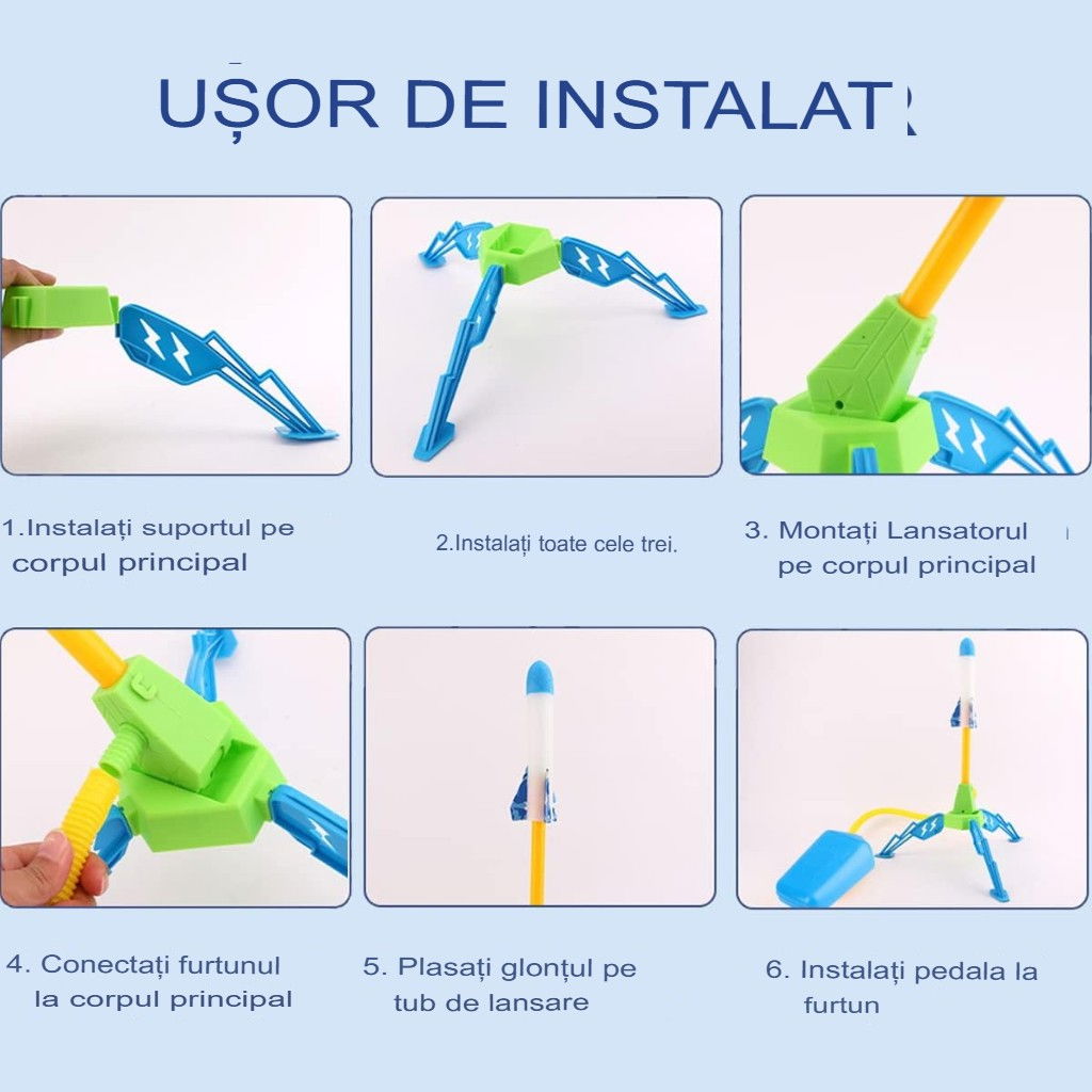 Jucarie pentru Copii, Flippy, Lansator de Rachete cu Piciorul, un Singur Lansator, 6 Rachete Fara Lumini, 40.5 cm Inaltime, Multicolor [2]