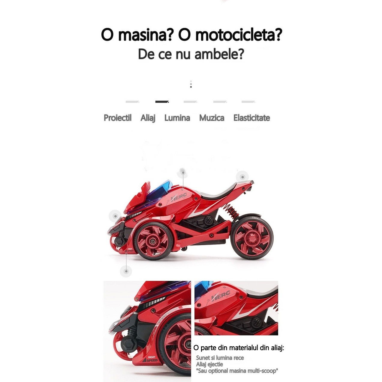 Jucarie pentru copii, masina cu extensie de motocicleta, 2 in 1, rosie [4]