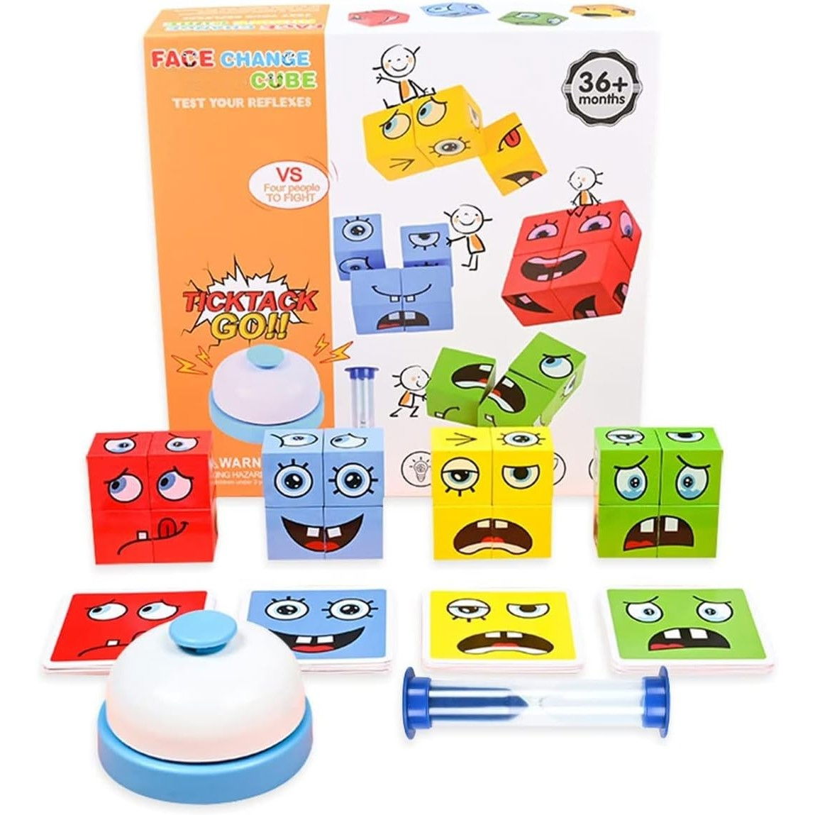 Jucarie Pentru Copii Montessori Flippy, Cub din Lemn, Asamblare Fete, 64 de Carti Distractive, Clepsidra si Clopotel inclus, pentru Baieti si Fete, Varsta +3 ani, Educativ, Cutie din carton, 21 x 21 x [1]