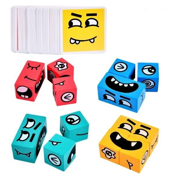 Jucarie pentru copii montessori Flippy, cub din lemn, asamblare fete, 64 de carti distractive, pentru baieti si fete, varsta +3 ani, educativ, multicolor [1]