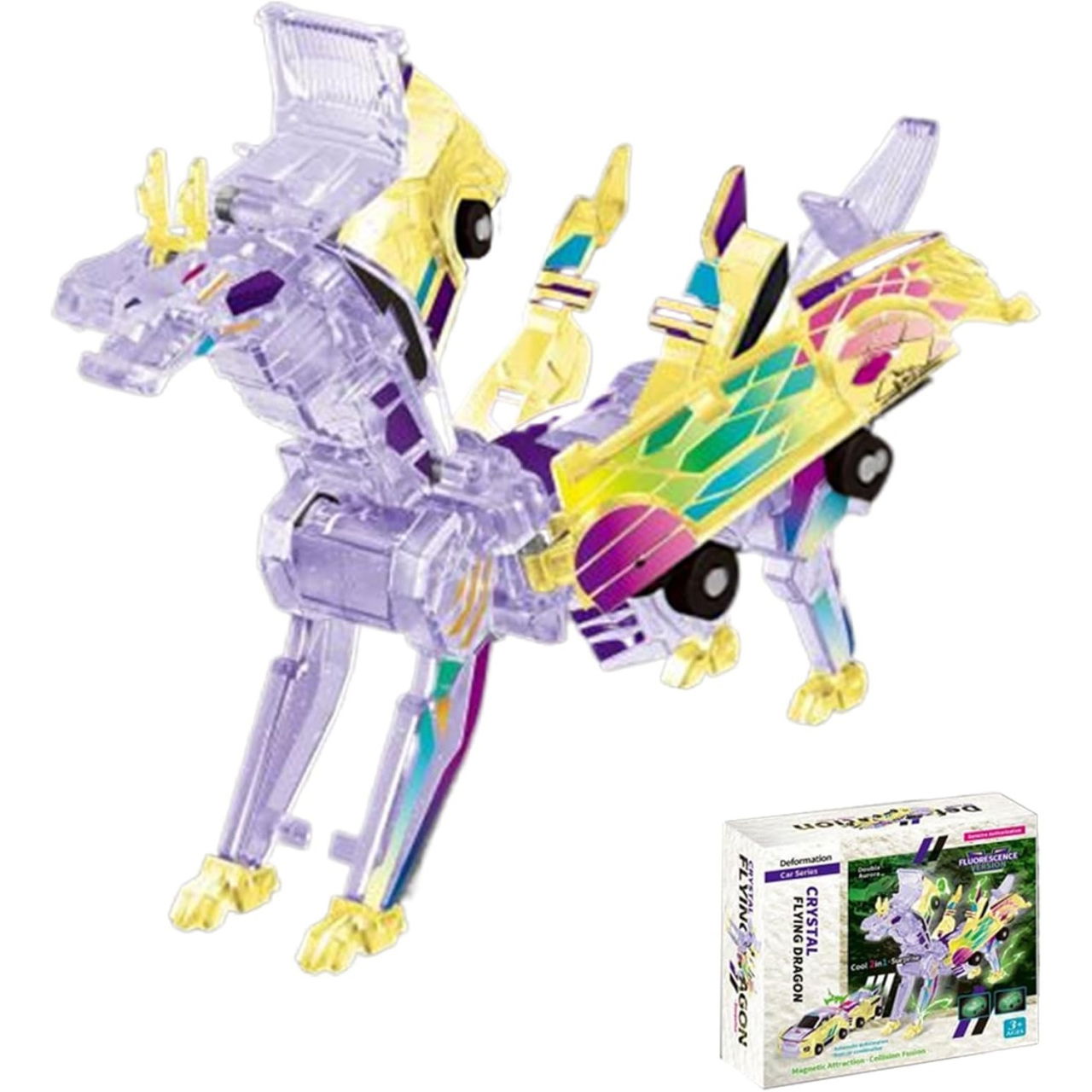 Jucarie Transformabila 2in1, Flippy, Crystal Wing Flying Dragon, Masina/Dragon, Atractie Magnetica, Fluorescent, +3 Ani, din ABS, Multicolor [5]