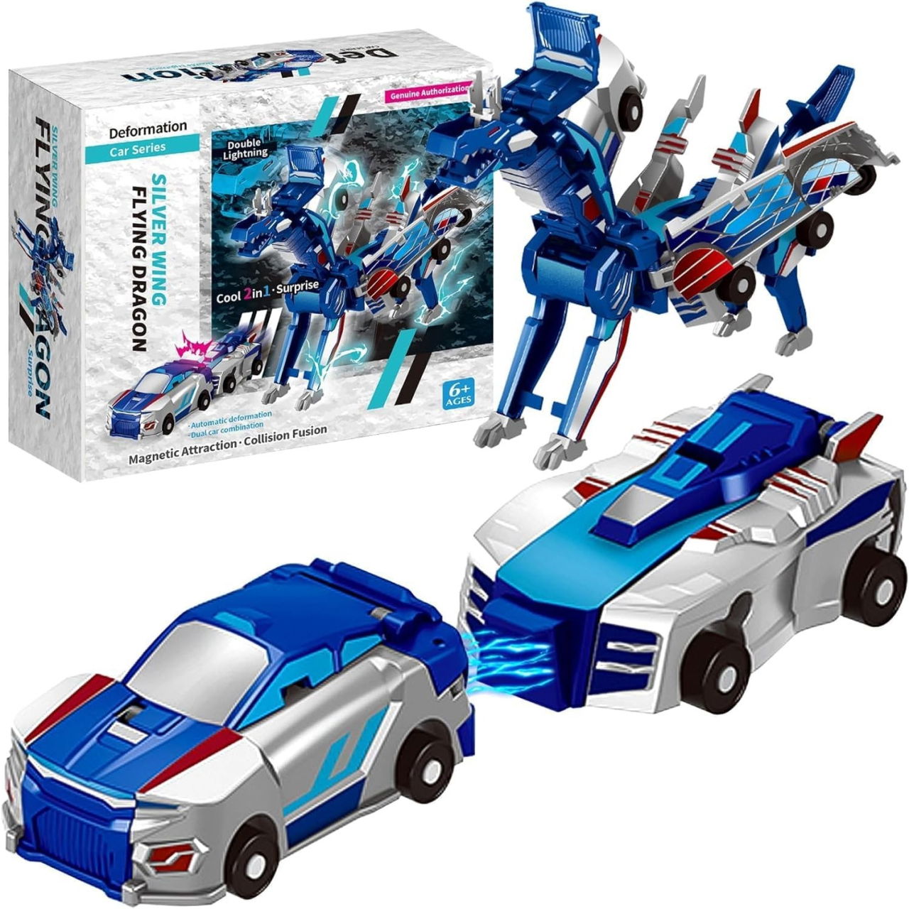 Jucarie Transformabila 2in1, Flippy, Silver Wing Flying Dragon, Masina/Dragon, Atractie Magnetica, +6 Ani, din ABS, Albastru [1]