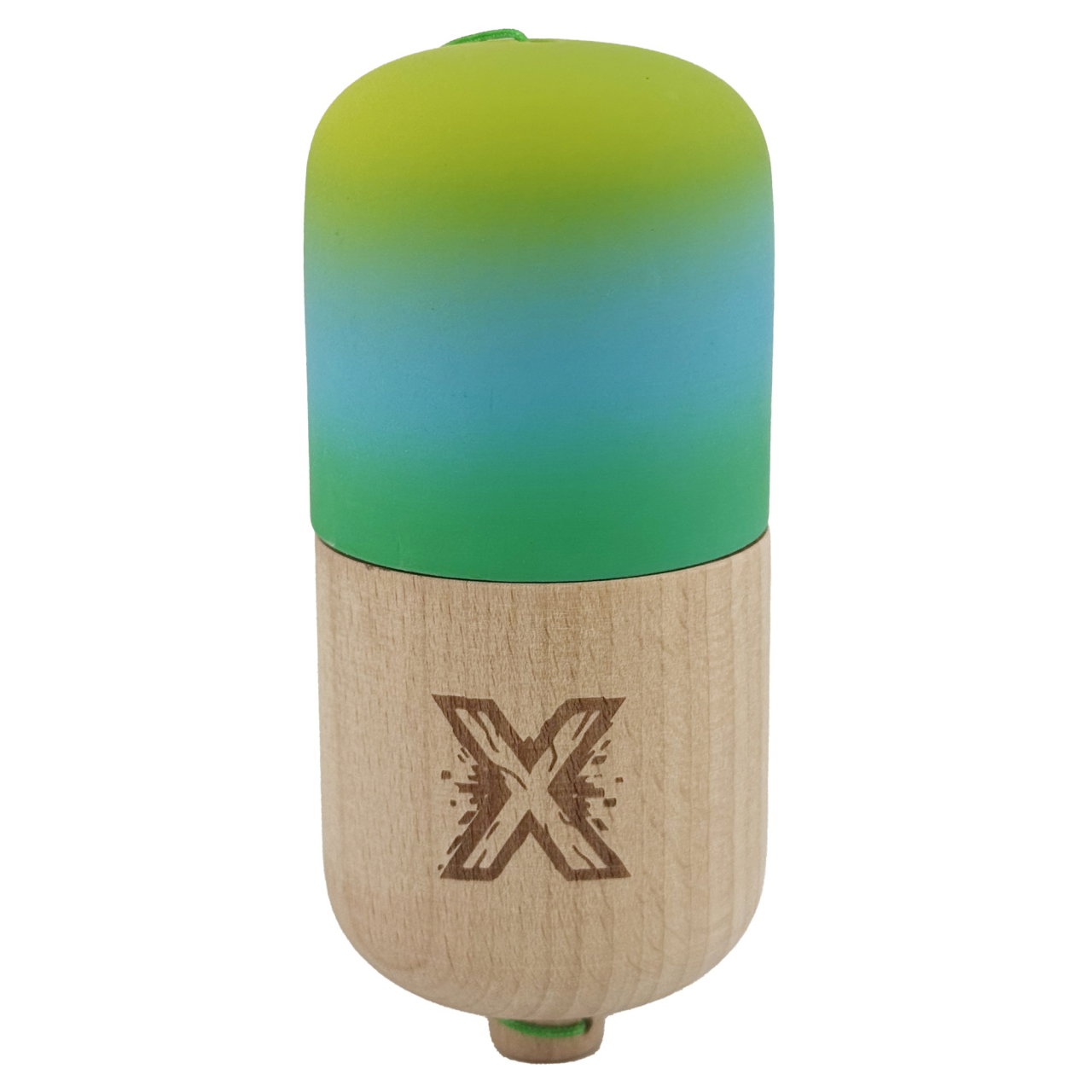 Kendama Pill X Originala, Flippy, Profesionala Model Rubber Grip Pilula, din Lemn, Varsta 9+, Ata 62/65 cm, 11 x 5 x 5 cm, Gradient Galben/Albastru/Verde [1]