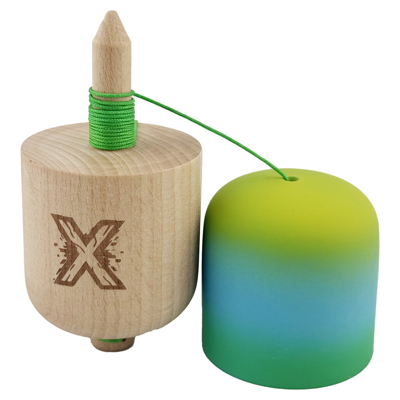 Kendama Pill X Originala, Flippy, Profesionala Model Rubber Grip Pilula, din Lemn, Varsta 9+, Ata 62/65 cm, 11 x 5 x 5 cm, Gradient Galben/Albastru/Verde [3]
