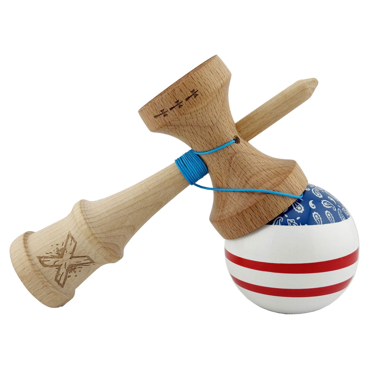 Kendama X CHICANOS Originala, Profesionala, Flippy, Big Cups V2, Super Sticky cu Cupe Mari, Rulment Metalic, din lemn 18 cm, Ata 55 cm, Albastru/Alb [4]