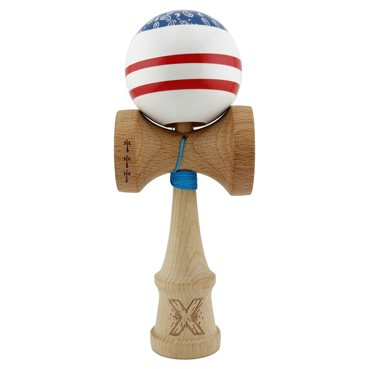 Kendama X CHICANOS Originala, Profesionala, Flippy, Big Cups V2, Super Sticky cu Cupe Mari, Rulment Metalic, din lemn 18 cm, Ata 55 cm, Albastru/Alb [1]