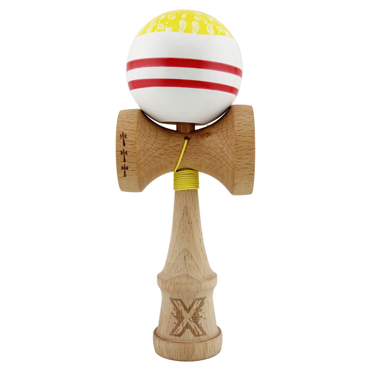 Kendama X CHICANOS Originala, Profesionala, Flippy, Big Cups V2, Super Sticky cu Cupe Mari, Rulment Metalic, din lemn 18 cm, Ata 55 cm, Auriu/Alb [1]