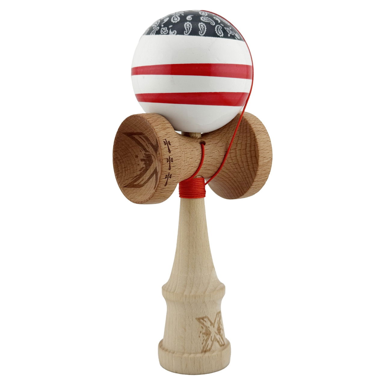 Kendama X CHICANOS Originala, Profesionala, Flippy, Big Cups V2, Super Sticky cu Cupe Mari, Rulment Metalic, din lemn 18 cm, Ata 55 cm, Negru/Alb [2]